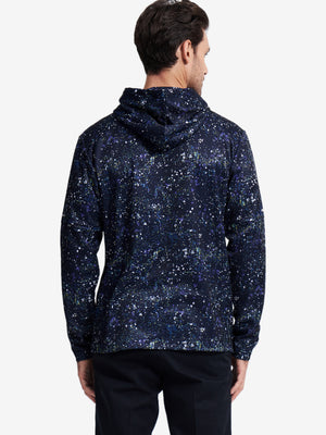Back upper body view of trendy print fleece hoodies, showing structure and splatter tone