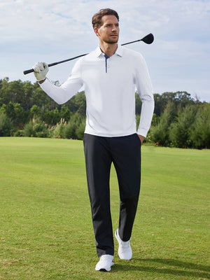 Model in white long sleeve solid jersey polo holding a golf club outdoors, full-body shot
