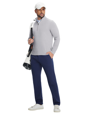 Full body shot of model in light grey two tone pique cotton blend q-zip with tennis bag and white cap