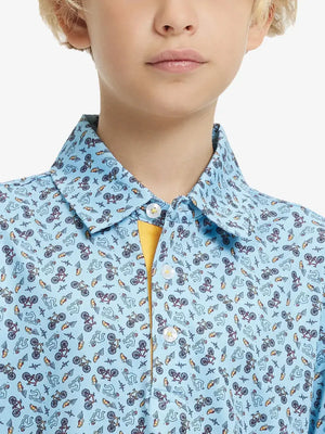 Close-up front view from nose to chest of boy wearing BLUE TRIATHLON Performance Print Boys Golf Polo