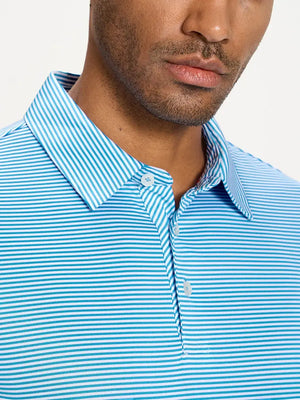 Close-up front view from nose to chest showing Cooling Stripe Golf Shirt in SKY BLUE STRIPE, breathable fabric