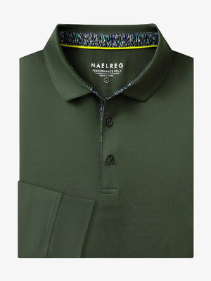 Folded view of OLIVE GREEN Long Sleeve Solid Jersey Polo showing fabric texture and neat folds