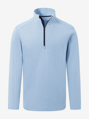 Front 3D view of two tone pique cotton blend q-zip featuring a clean light blue finish