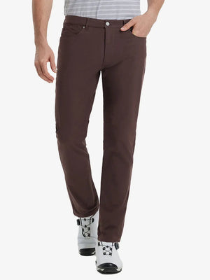 Front view of model wearing Stretch Plain Everyday Pants, athletic fit and minimal look – DARK BROWN