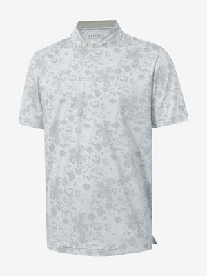 3D view of grey splatter stretch printed collarless henley golf shirts.