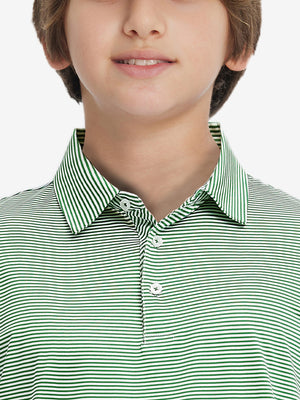 Front view of youth wearing emerald stripe performance cooling polo, showing collar and chest fit