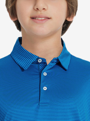 Front view of youth wearing cobalt stripe performance cooling polo, showing collar and chest fit