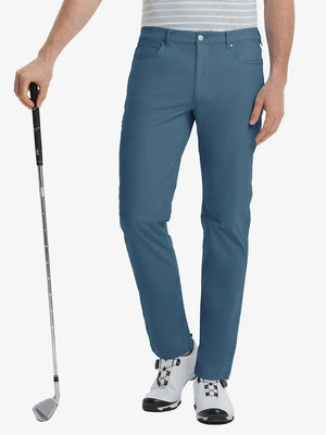 Front view of model wearing Stretch Plain Everyday Pants, athletic fit and minimal look – GRAYISH BLUE