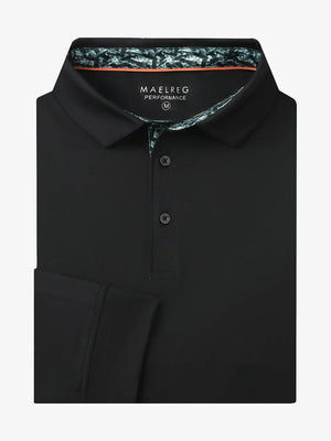 Folded view of BLACK Long Sleeve Solid Jersey Polo showing fabric texture and neat folds