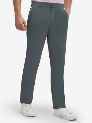 Front lower body shot of model wearing dark gray breathable casual slacks with 4 pockets