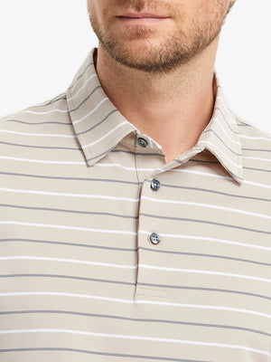 Front close-up from nose to chest of model in LIGHT KHAKI STRIPE Stylish Performance Golf Polo