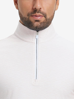 Close-up from nose to chest, showing zipper collar detail and fabric pattern of the orange line pullover.