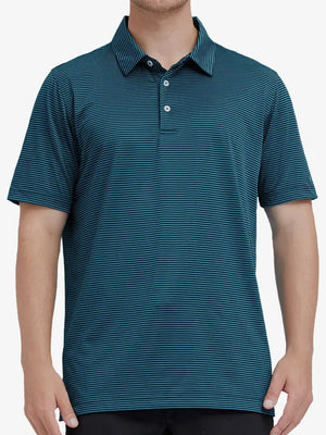 Model wearing Cooling Stripe Golf Shirt in TURQUOISE STRIPE, half-body front view with relaxed pose