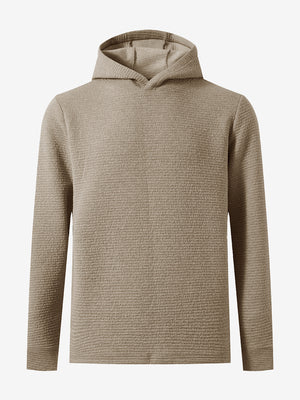 3D front image of texture solid hoodies pullover highlighting simple design and smooth fabric, light brown heather.
