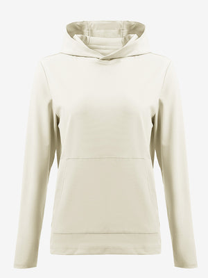3D front view of women's lightweight hoodies pullover in cream, showing clean and sporty look.