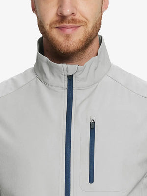 Model showcasing the silver gray windproof golf vest, highlighting its sleek and modern design