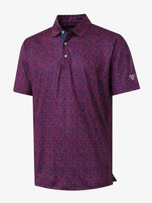 3D view of MAELREG Performance Jersey Print Polo in Navy Rose Abstract – breathable golf fabric