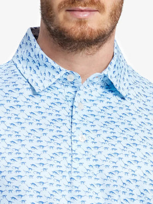 MAELREG Men's Performance Jersey Print Polo – Front chest view in Blue Dinosaur
