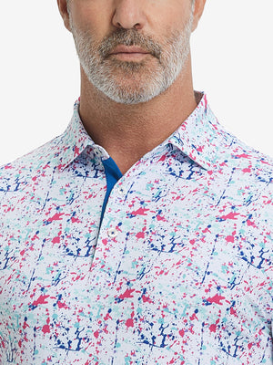Close-up from nose to chest, showing collar and fabric pattern detail of the white painting polo shirt.
