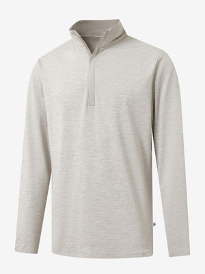 Heather Pinstripe Brushed Dry Fit Quarter Zip Pullover in taupe heather, 3D front chest view with quarter zip design