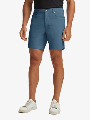 GRAYISH BLUE 4-way Stretch Performance Solid Shorts, golfer front lower body with club, 7 Inch view
