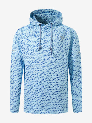 Front 3D view of youth full print hoodies pullover showing detailed fabric and fit, blue dinosaur.