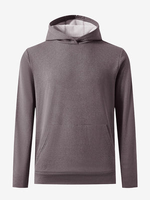 Front 3D view of warm fleece golf hoodies pullover in dark red, showing full garment design.