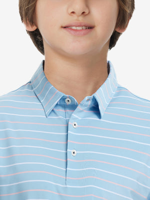 Front upper collar view of kids stylish stripe polo shirts, neat placket in misty blue stripe tone