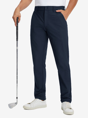 Lightweight flat front casual trousers in navy, front lower-body view with a clean tailored fit.