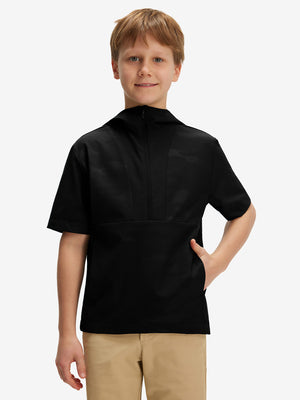Front waist-up shot of model wearing black water-resistant short sleeve q-zip hoodie for boys