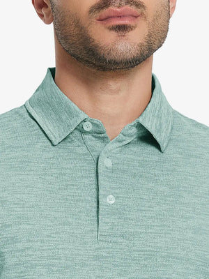 Front half-body view from nose to chest of model wearing GREEN HEATHER Premium Stretch Heather Polo.