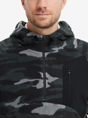 Collar detail from nose to chest, showing texture and zipper finish of the Black Camo fleece top.