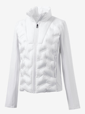 Women's lightweight fleece-lined puffer jacket in white, clean 3D front view with a modern shape.