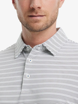 Dark Grey Neutral Grey Performance Stripe Golf Shirt – model front close-up from nose to chest