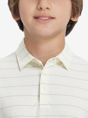 Front upper collar view of kids stylish stripe polo shirts, neat placket in beige stripe tone