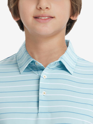 Front upper collar view of kids stylish stripe polo shirts, neat placket in iced aqua stripe tone