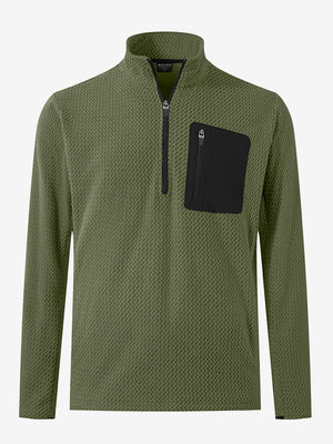 3D front view of midweight warm stretchy quarter zip pullover in green, simple and sleek look.