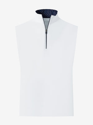 3D front view of the print collar quarter zip golf vest in white, sleek and sporty design.