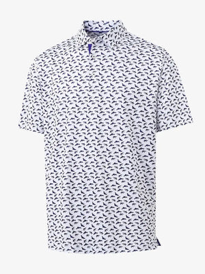 3D view showcasing the cool design on WHITE PURPLE SHARK Performance Print Boys Golf Polo