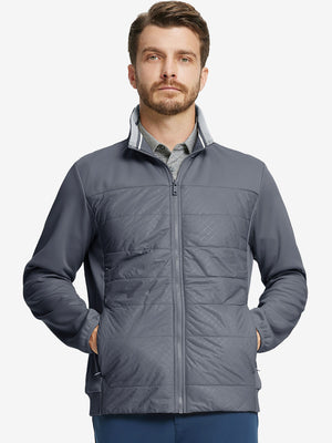 Front view of model with both hands in side pockets, wearing Golf Fleece Winter Jacket in dark grey.