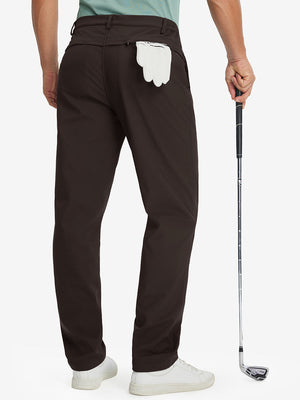 Model holding a golf club with one hand, back lower body shot wearing coffee brown thermal water repellent fleece dress pants