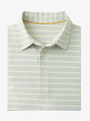 Folded Olive Green Grass Green Performance Stripe Golf Shirt displayed flat