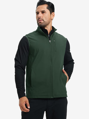 Model wearing water-resistant fleece golf vests, hand in side pocket, relaxed fit in forest green