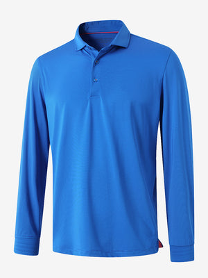 Front 3D view of Long sleeve pinstripe jersey polo in cobalt stripe with sharp stripe pattern