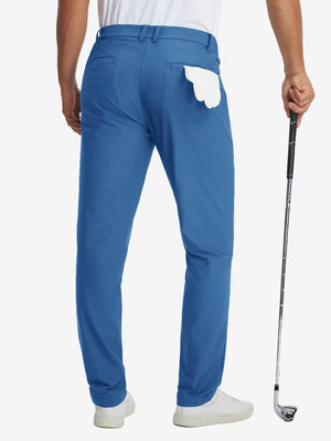 Back view of lightweight flat front casual trousers, showing structure and fit in colony blue.