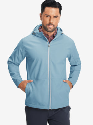 Model wearing reflective hooded softshell jacket, misty blue, front upper-body with a sleek fit.