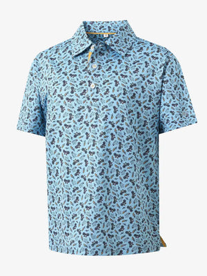 3D view showcasing the dynamic pattern on BLUE TRIATHLON Performance Print Boys Golf Polo