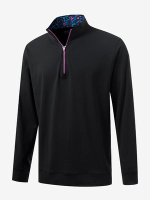 3D front view of the lightweight golf quarter zip pullover in black, clean and athletic design.