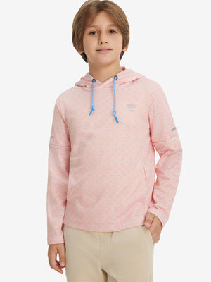 Model front upper body with one hand in pocket, stylish youth full print hoodies pullover in orange sea wave.