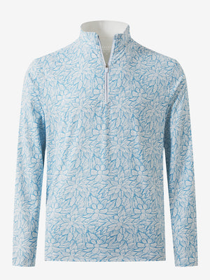 3D front view of the full print quarter zip pullover in blue artichoke, showcasing bold and modern style.
